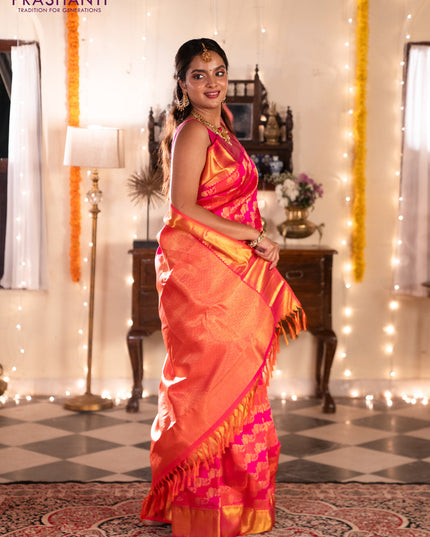 Pure kanchipuram silk saree pink and orange with allover zari woven stripes pattern and zari woven border