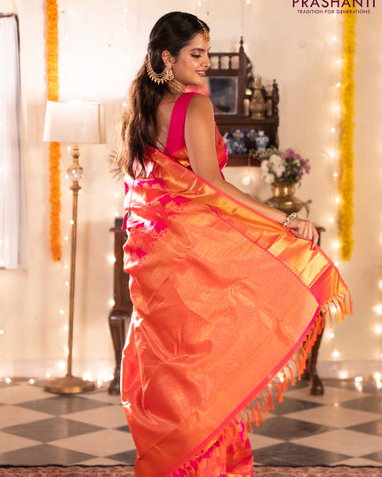 Pure kanchipuram silk saree pink and orange with allover zari woven stripes pattern and zari woven border