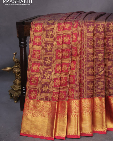 Pure kanchipuram silk saree deep maroon with allover zari woven brocade weaves and zari woven border