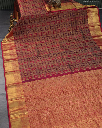 Pure kanchipuram silk saree deep maroon with allover zari woven brocade weaves and zari woven border