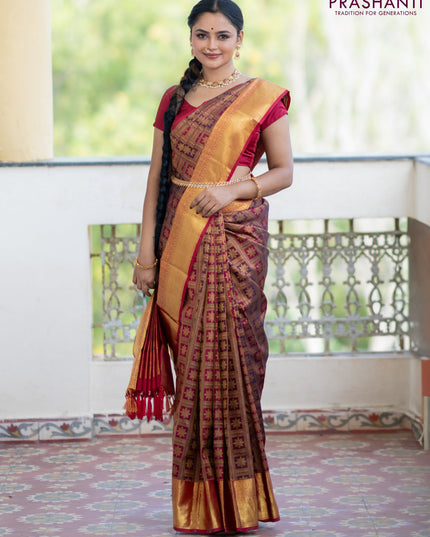 Pure kanchipuram silk saree deep maroon with allover zari woven brocade weaves and zari woven border