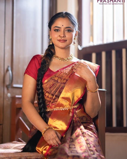 Pure kanchipuram silk saree deep maroon with allover zari woven brocade weaves and zari woven border