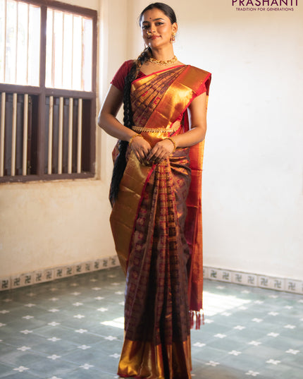 Pure kanchipuram silk saree deep maroon with allover zari woven brocade weaves and zari woven border