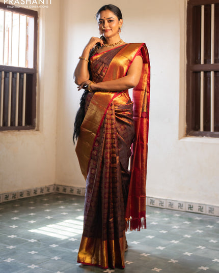 Pure kanchipuram silk saree deep maroon with allover zari woven brocade weaves and zari woven border