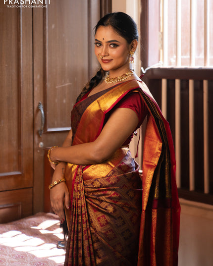 Pure kanchipuram silk saree deep maroon with allover zari woven brocade weaves and zari woven border