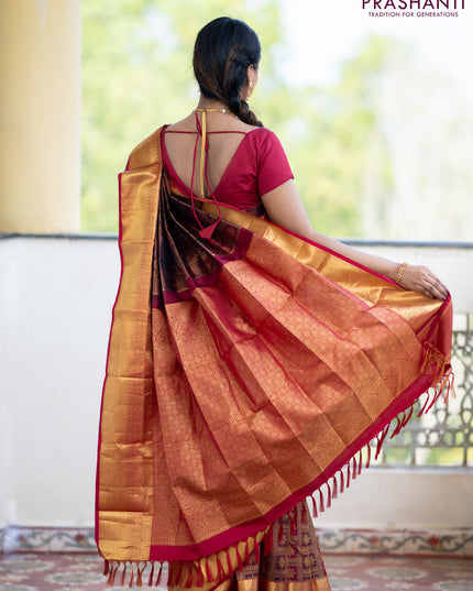 Pure kanchipuram silk saree deep maroon with allover zari woven brocade weaves and zari woven border