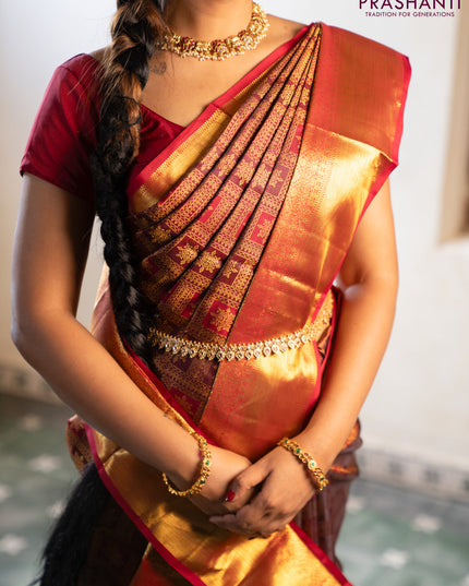 Pure kanchipuram silk saree deep maroon with allover zari woven brocade weaves and zari woven border