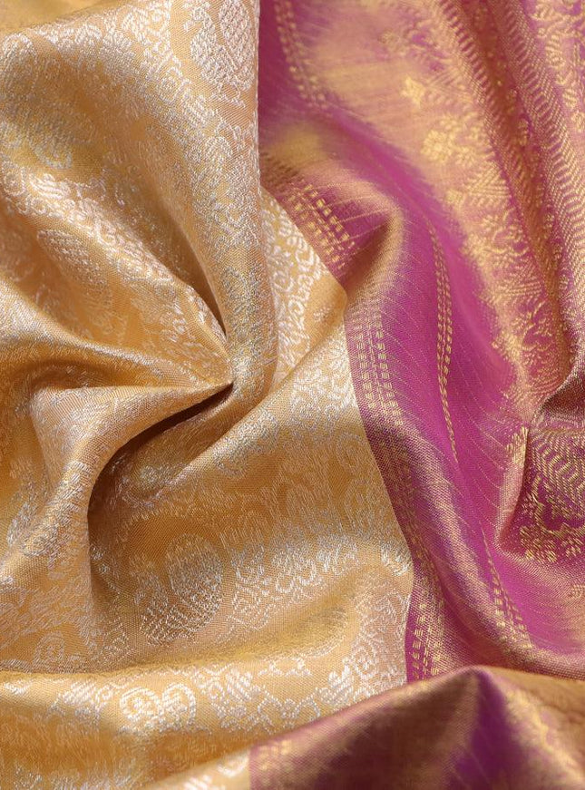 Pure kanjivaram tissue silk saree sandal and purple with allover silver zari woven brocade weaves and annam zari woven border