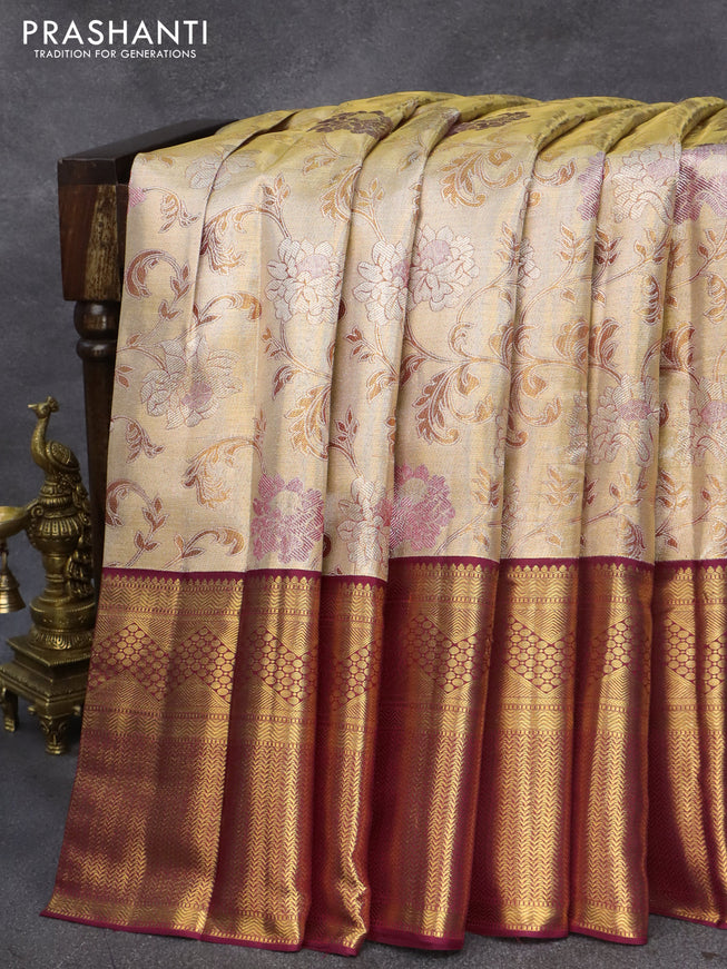 Pure kanjivaram tissue silk saree gold and dark magenta pink with allover zari woven brocade weaves and zari woven border