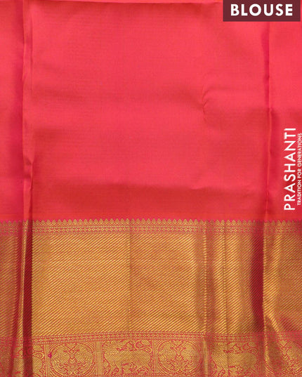 Pure kanjivaram silk saree dark blue and dual shade of pinkish orange with allover self emboss & zari buttas and rich zari woven border