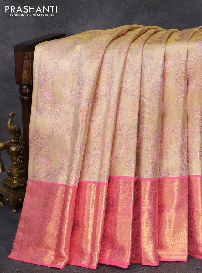 Pure kanjivaram tissue silk saree cream and light pink with allover zari woven brocade weaves and zari woven border