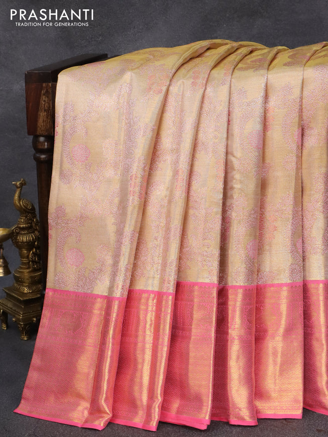 Pure kanjivaram tissue silk saree cream and light pink with allover zari woven brocade weaves and zari woven border