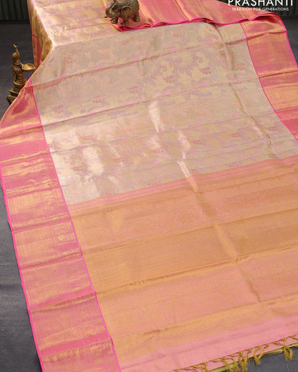 Pure kanjivaram tissue silk saree cream and light pink with allover zari woven brocade weaves and zari woven border