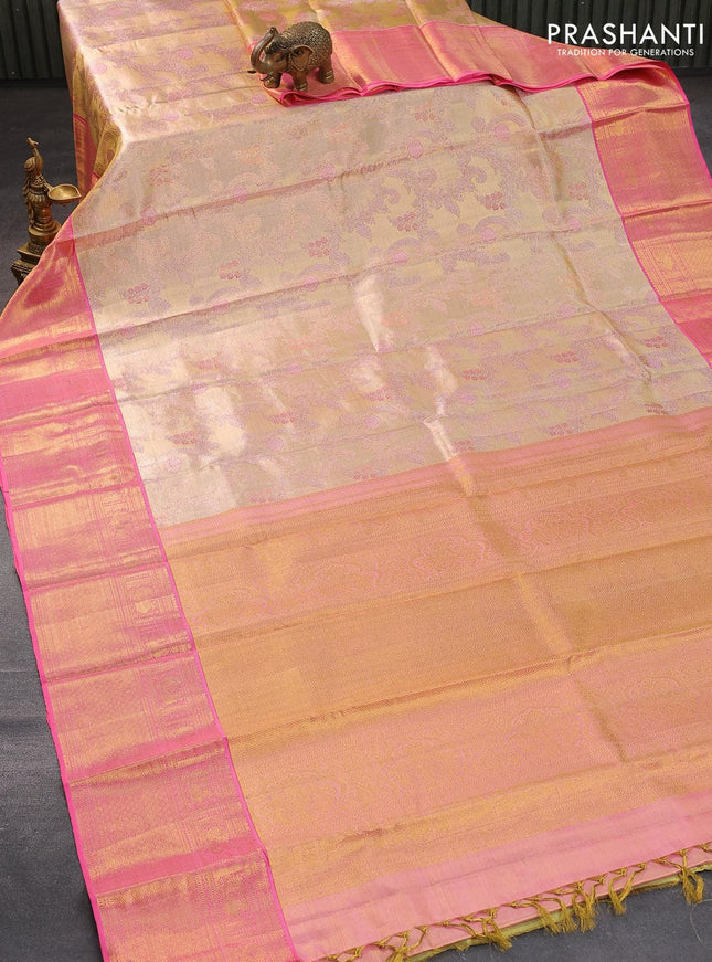 Pure kanjivaram tissue silk saree cream and light pink with allover zari woven brocade weaves and zari woven border