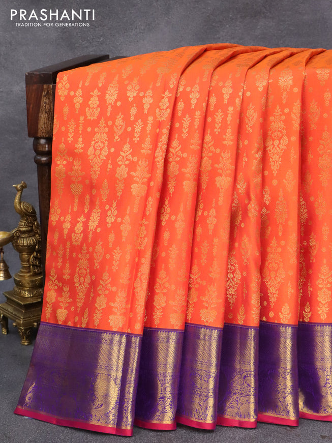 Pure kanjivaram silk saree orange and blue with allover zari weaves and rich annam zari woven border