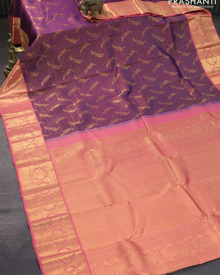 Pure kanjivaram silk saree deep violet and light pink with allover zari weaves and zari woven border