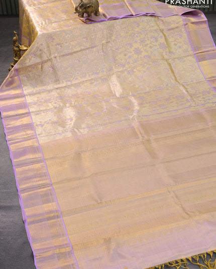 Pure kanjivaram tissue silk saree gold and lavender shade with allover zari woven brocade weaves and zari woven border