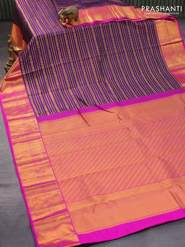 Pure kanjivaram silk saree blue and pink with allover zari weaves and zari woven border