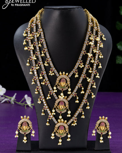 Antique triple layer haaram kemp & cz stones with tirupati balaji pendant and pearl hangings