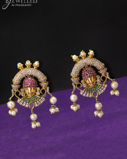 Antique triple layer haaram kemp & cz stones with tirupati balaji pendant and pearl hangings