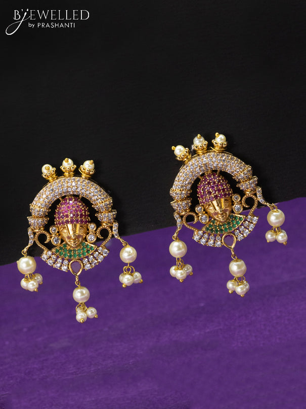 Antique triple layer haaram kemp & cz stones with tirupati balaji pendant and pearl hangings