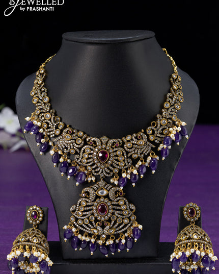 Necklace violet with kemp & cz stones and beads hangings