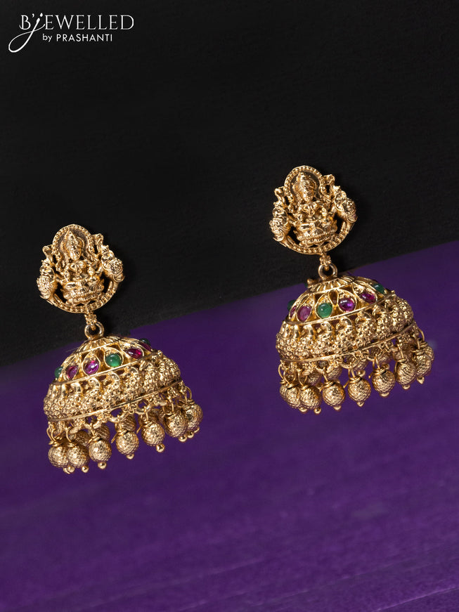 Antique haaram kemp stones with lakshmi pendant and golden beads hangings