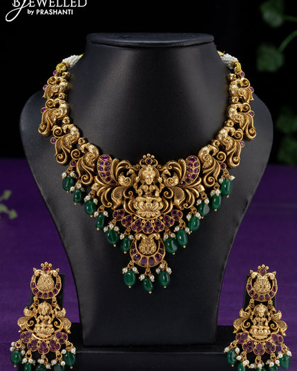 Antique necklace lakshmi design with pink kemp stones and green beads hangings