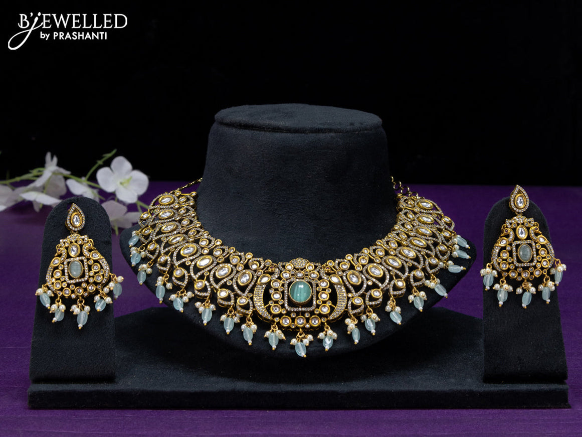 Necklace mint green and cz stones with beads hangings in victorian finish