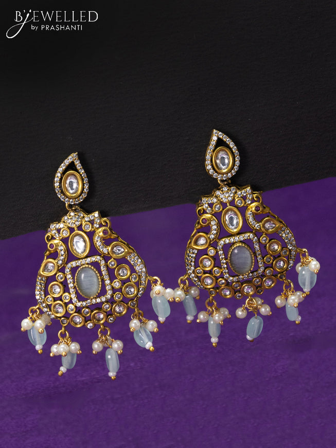 Necklace mint green and cz stones with beads hangings in victorian finish