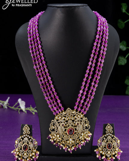 Beaded purple multicolour necklace with ruby & cz stones and beads hangings