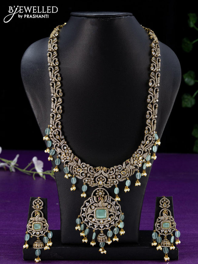 Necklace mint green and cz stones with beads hangings in victorian finish