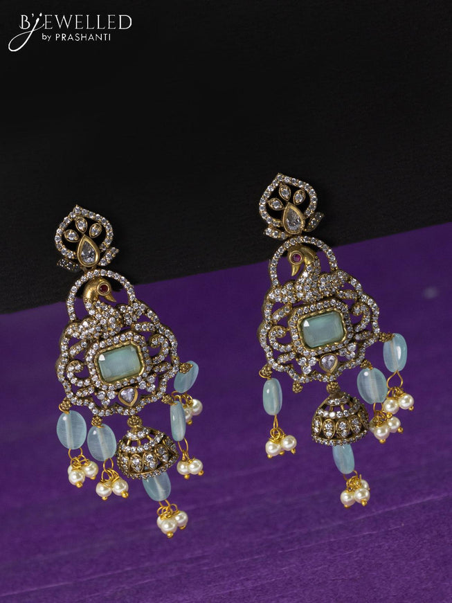 Necklace mint green and cz stones with beads hangings in victorian finish