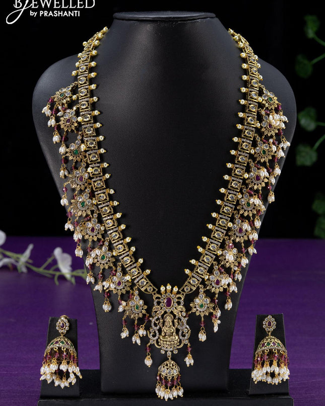 Antique haaram kemp & cz stones with lakshmi pendant and pearl hangings
