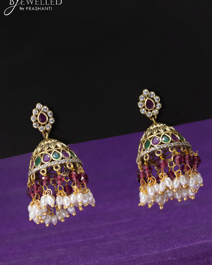 Antique haaram kemp & cz stones with lakshmi pendant and pearl hangings