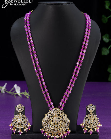 Beaded purple double layer necklace cz stones with krishna pendant and beads hanging in victorian finish