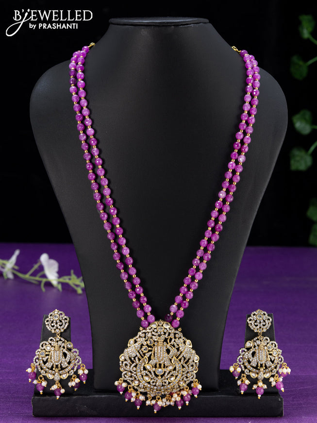 Beaded purple double layer necklace cz stones with krishna pendant and beads hanging in victorian finish