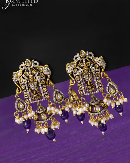 Beaded violet multicolour necklace cz stones with tirupati balaji pendant and beads hanging in victorian finish
