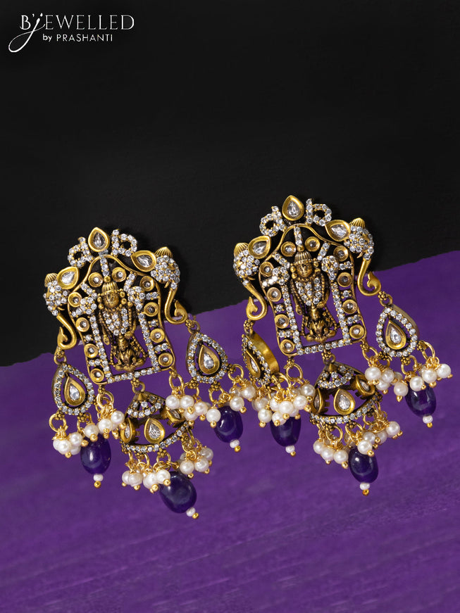 Beaded violet multicolour necklace cz stones with tirupati balaji pendant and beads hanging in victorian finish