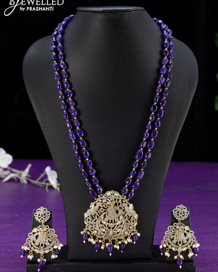 Beaded violet double layer necklace cz stones with krishna pendant and beads hanging in victorian finish