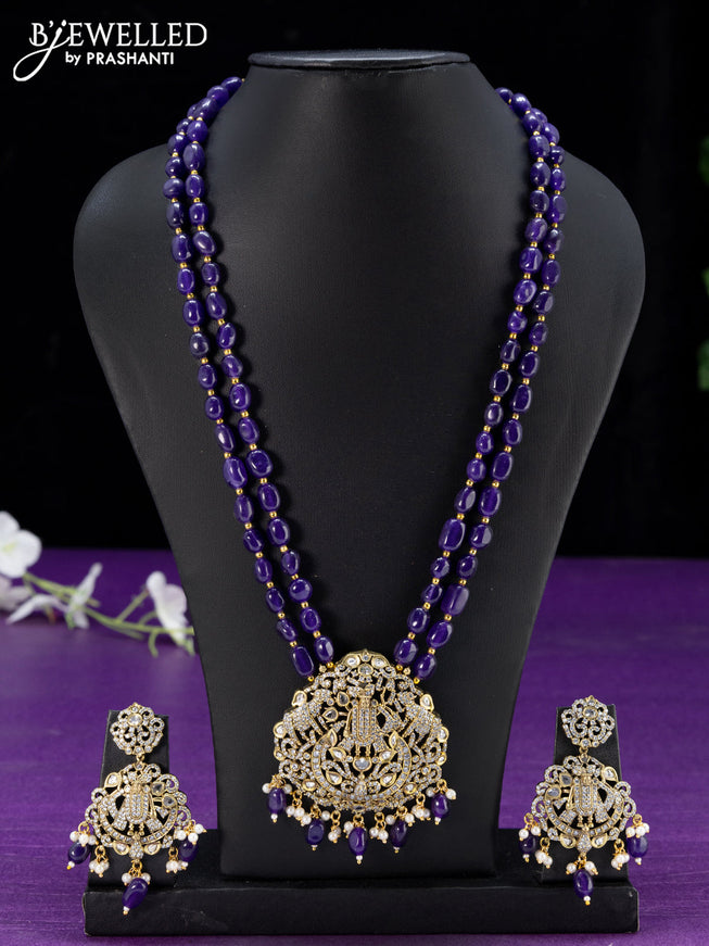 Beaded violet double layer necklace cz stones with krishna pendant and beads hanging in victorian finish