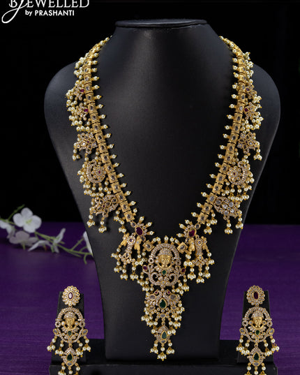 Antique guttapusalu haaram kemp & cz stones with tirupati balaji pendant  and pearl hangings