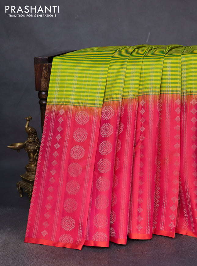 Pure soft silk saree lime yellow and dual shade of pinkish orange with allover small checked pattern and long zari woven border