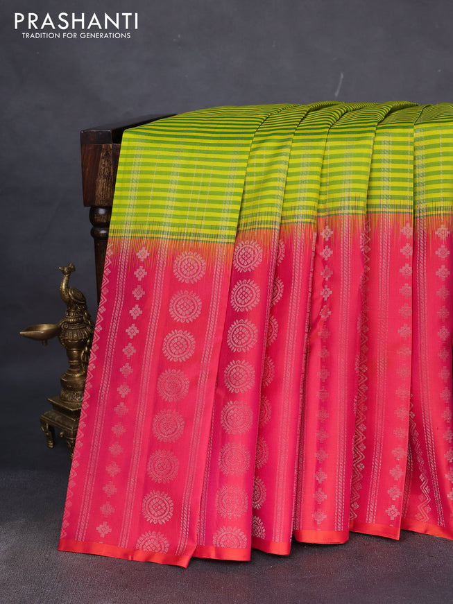 Pure soft silk saree lime yellow and dual shade of pinkish orange with allover small checked pattern and long zari woven border