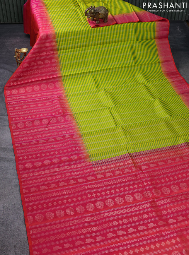 Pure soft silk saree lime yellow and dual shade of pinkish orange with allover small checked pattern and long zari woven border