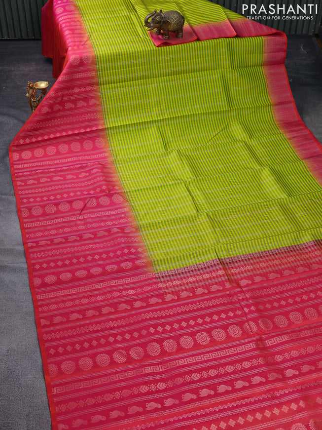 Pure soft silk saree lime yellow and dual shade of pinkish orange with allover small checked pattern and long zari woven border