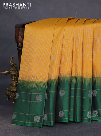 Pure soft silk saree mustard yellow and green with allover zari weaves and zari woven butta border