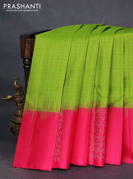 Pure soft silk saree lime green and pink with allover checked pattern and zari woven butta border