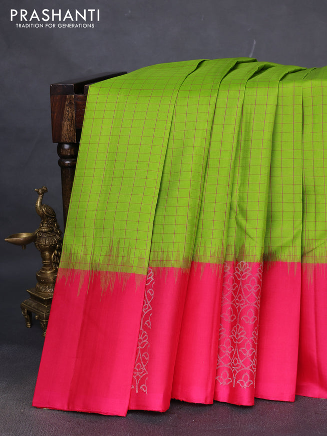 Pure soft silk saree lime green and pink with allover checked pattern and zari woven butta border
