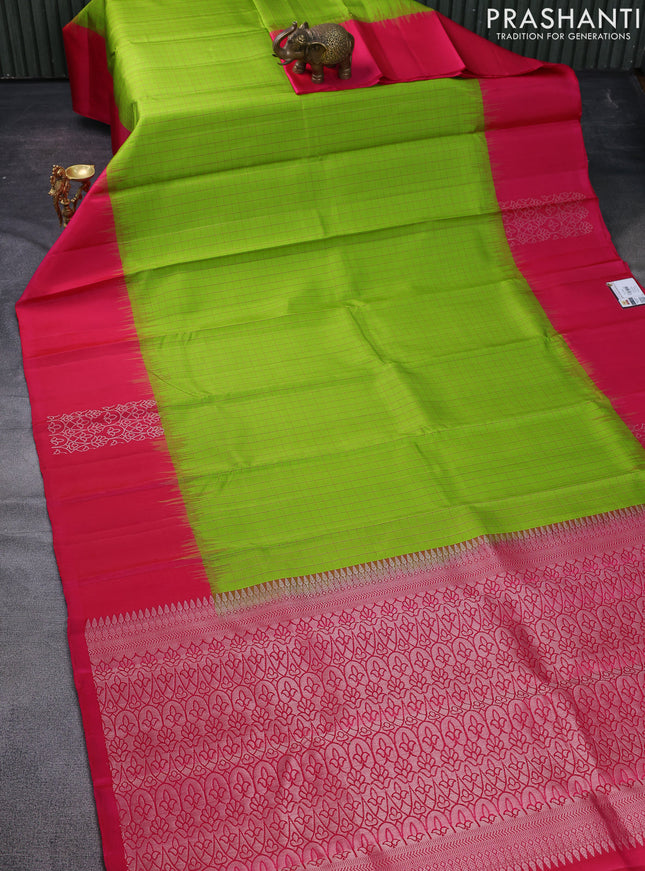 Pure soft silk saree lime green and pink with allover checked pattern and zari woven butta border